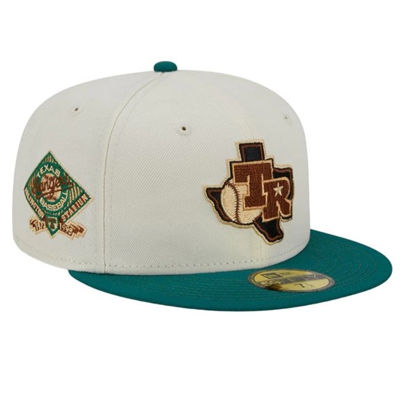 New Era Texas Rangers Woodgrain Pack 59FIFTY Hat Arlington Stadium Patch - Picture 3 of 9
